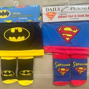 Batman and Superman Infant Hat & Sock Sets